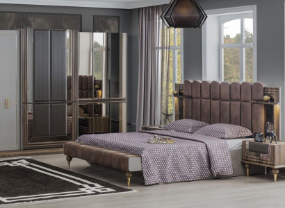 Bedroom Set Luxury Double Bed Wood Brown Fabric Bed Set 4-piece